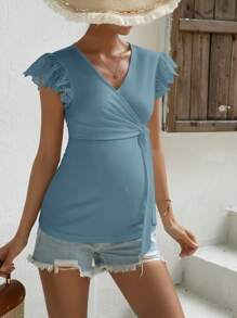 SHEIN 孕婦網眼刺繡蝴蝶袖側打結圍裹哺乳T恤 - 霧霾藍 - 查看 4