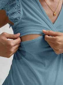 SHEIN 孕婦網眼刺繡蝴蝶袖側打結圍裹哺乳T恤 - 霧霾藍 - 查看 7