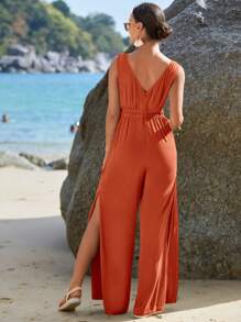 SHEIN Maternidad Mono unicolor de muslo con abertura con cordón delantero - Naranja Quemada - Ver 3