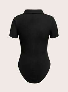 SHEIN EZwear Solid Half Button Bodysuit - Black - View 2