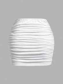 SHEIN EZwear Solid Twist Front Ruched Bodycon Skirt - White - View 2