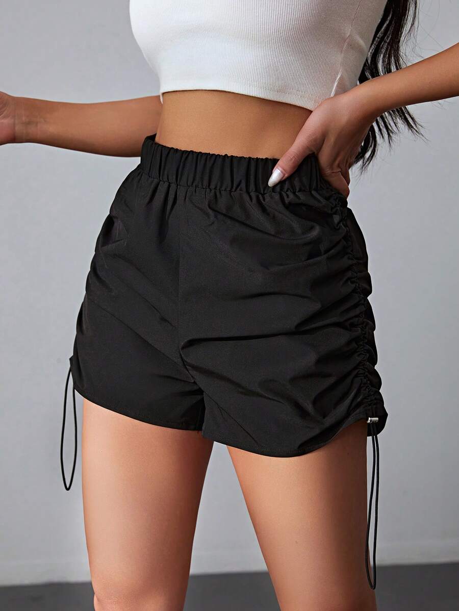 SHEIN EZwear Drawstring Side Shorts - Black - View 1