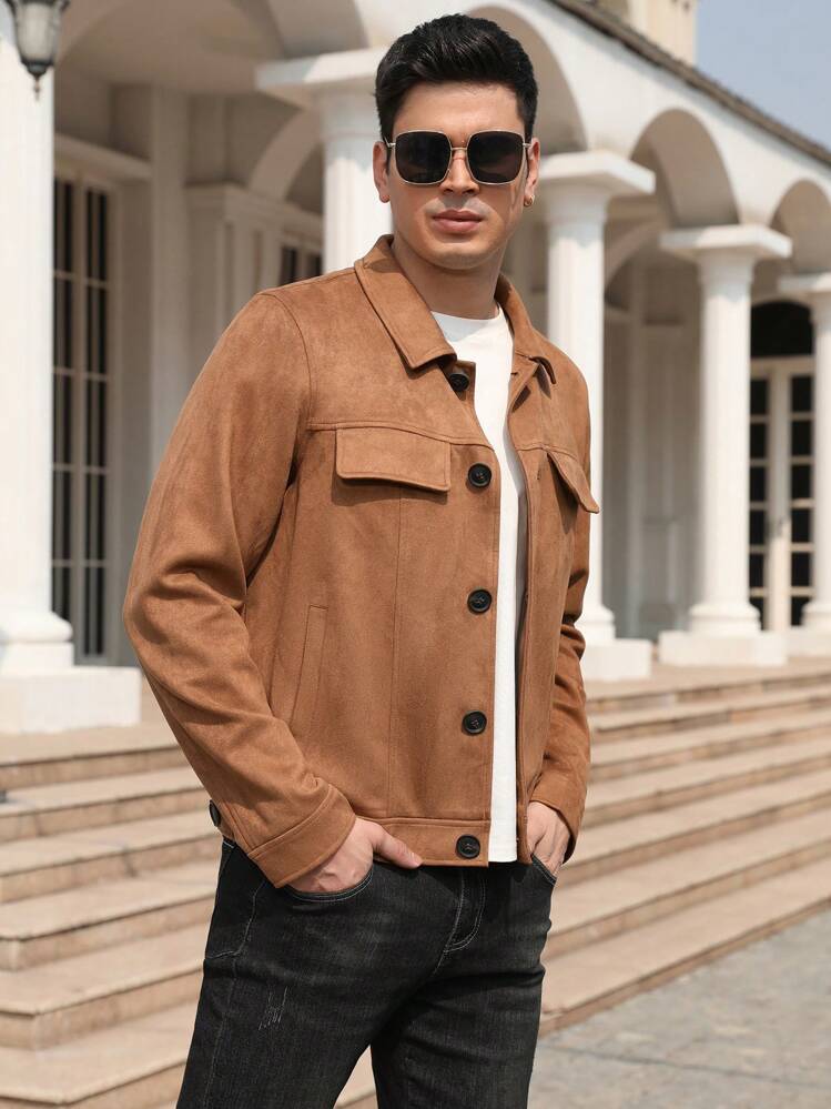 Men Flap Detail Button Front Jacket - Camel - View 7