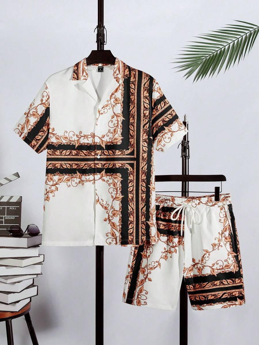 Manfinity AFTRDRK Men Baroque Print Shirt & Drawstring Waist Shorts - Multicolor - View 1