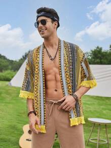GENTILAND Kimono họa tiết hình học rộng rãi có viền tua rua cho nam - Nhiều màu - Xem 4