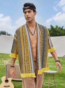 GENTILAND Kimono họa tiết hình học rộng rãi có viền tua rua cho nam - Nhiều màu - Xem 5
