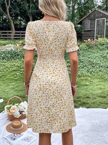 Breezaya Ditsy Floral Print Puff Sleeve Split Thigh Dress Vacation Beach Outfits Women