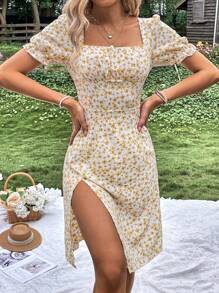 Breezaya Ditsy Floral Print Puff Sleeve Split Thigh Dress Vacation Beach Outfits Women