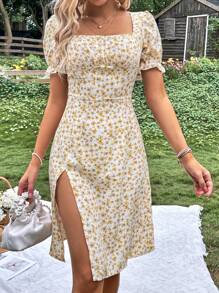 Breezaya Ditsy Floral Print Puff Sleeve Split Thigh Dress Vacation Beach Outfits Women
