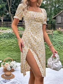 Breezaya Ditsy Floral Print Puff Sleeve Split Thigh Dress Vacation Beach Outfits Women