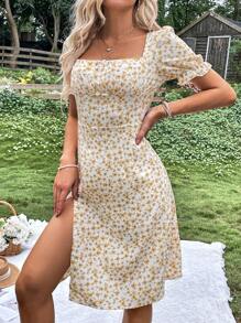Breezaya Ditsy Floral Print Puff Sleeve Split Thigh Dress Vacation Beach Outfits Women