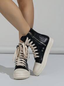 Giày nữ cổ cao buộc dây, khóa kéo bên hông, thích hợp để mang hàng ngày - màu đen - Xem 7