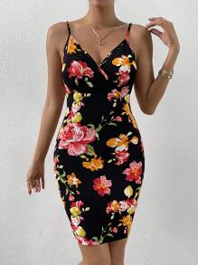 SHEIN Privé Floral Print Cami Bodycon Dress - Multicolor - View 1
