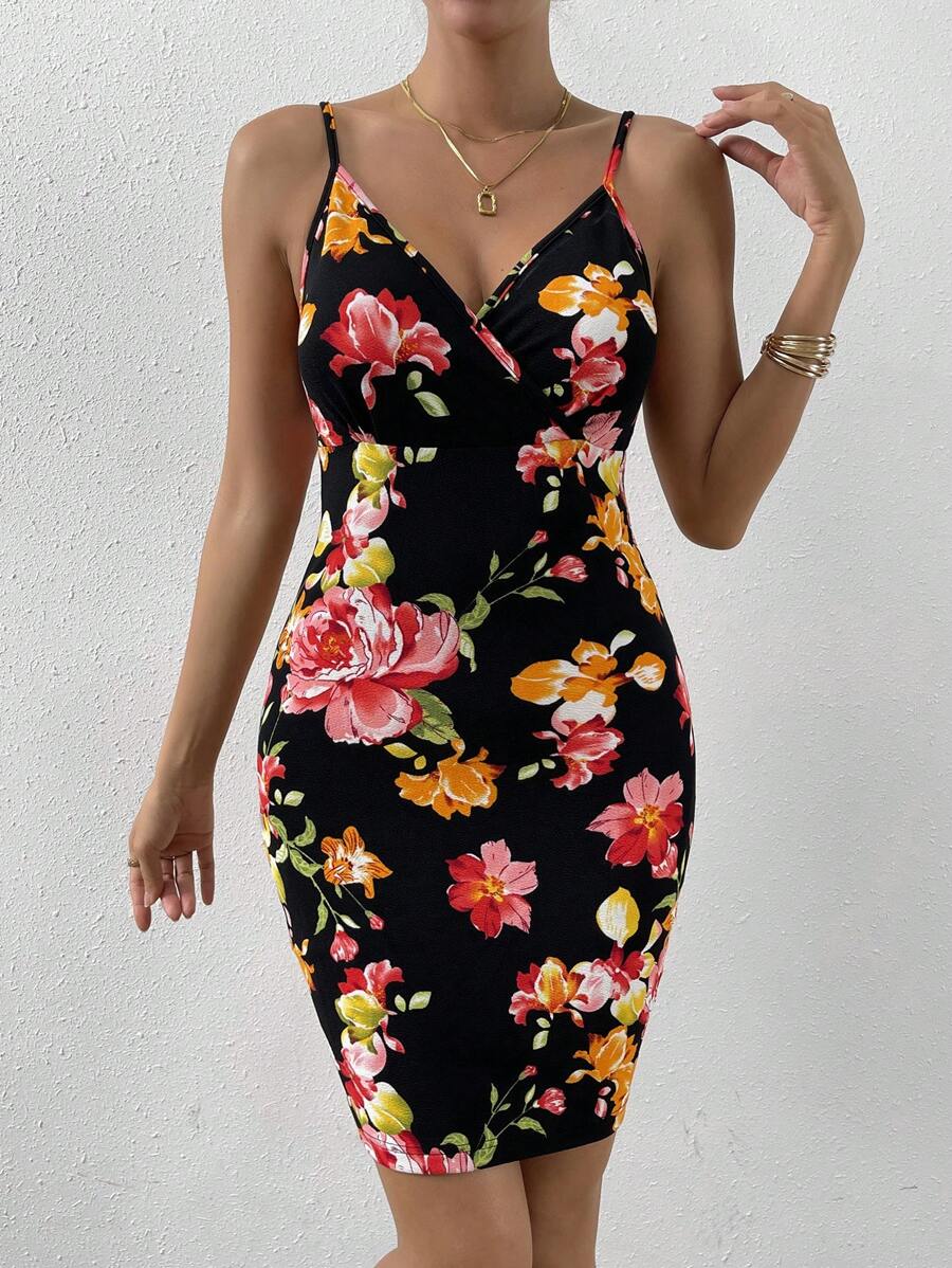 SHEIN Privé Floral Print Cami Bodycon Dress - Multicolor - View 1