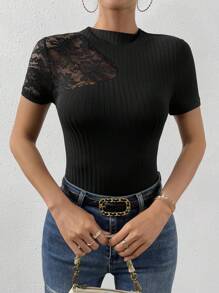 SHEIN Privé 蕾絲拼接小高領T恤連體衣 - 黑色 - 查看 5