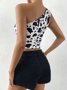 SHEIN Privé 奶牛圖案單肩側抽繩短款上衣 - 黑與白 - 查看 2