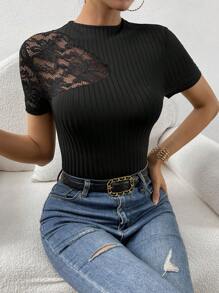 SHEIN Privé 蕾絲拼接小高領T恤連體衣 - 黑色 - 查看 7