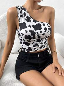 SHEIN Privé 奶牛圖案單肩側抽繩短款上衣 - 黑與白 - 查看 5
