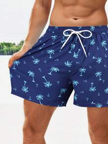 Surfspeed Hombres Shorts de natación con estampado de árbol de coco de cintura con cordón 2 en 1 - Azul - Ver 3