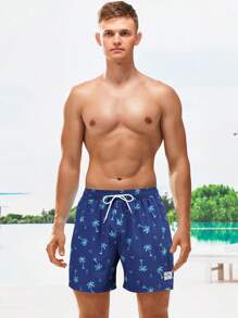 Surfspeed Hombres Shorts de natación con estampado de árbol de coco de cintura con cordón 2 en 1 - Azul - Ver 4