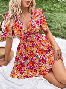 SHEIN VCAY Đầm Xù Dải chun Hoa Tất cả trên in Boho - Nhiều màu - Xem 3