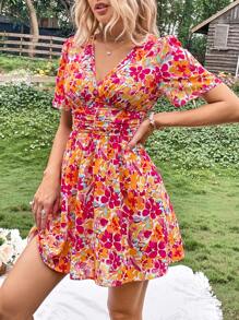 SHEIN VCAY Đầm Xù Dải chun Hoa Tất cả trên in Boho - Nhiều màu - Xem 6