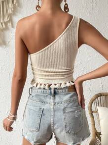 SHEIN VCAY One Shoulder Tassel Hem Crop Top