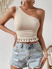 SHEIN VCAY One Shoulder Tassel Hem Crop Top