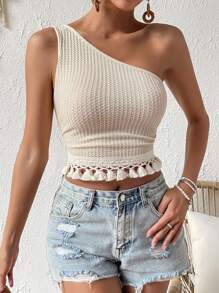 SHEIN VCAY One Shoulder Tassel Hem Crop Top