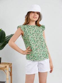 RueChic Teen Girls Ditsy Floral Print Ruffle Trim Blouse - Green - View 4