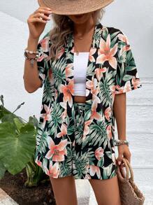 SHEIN VCAY Tropical Print Drop Shoulder Kimono & Shorts Without Tube Top - Multicolor - View 1