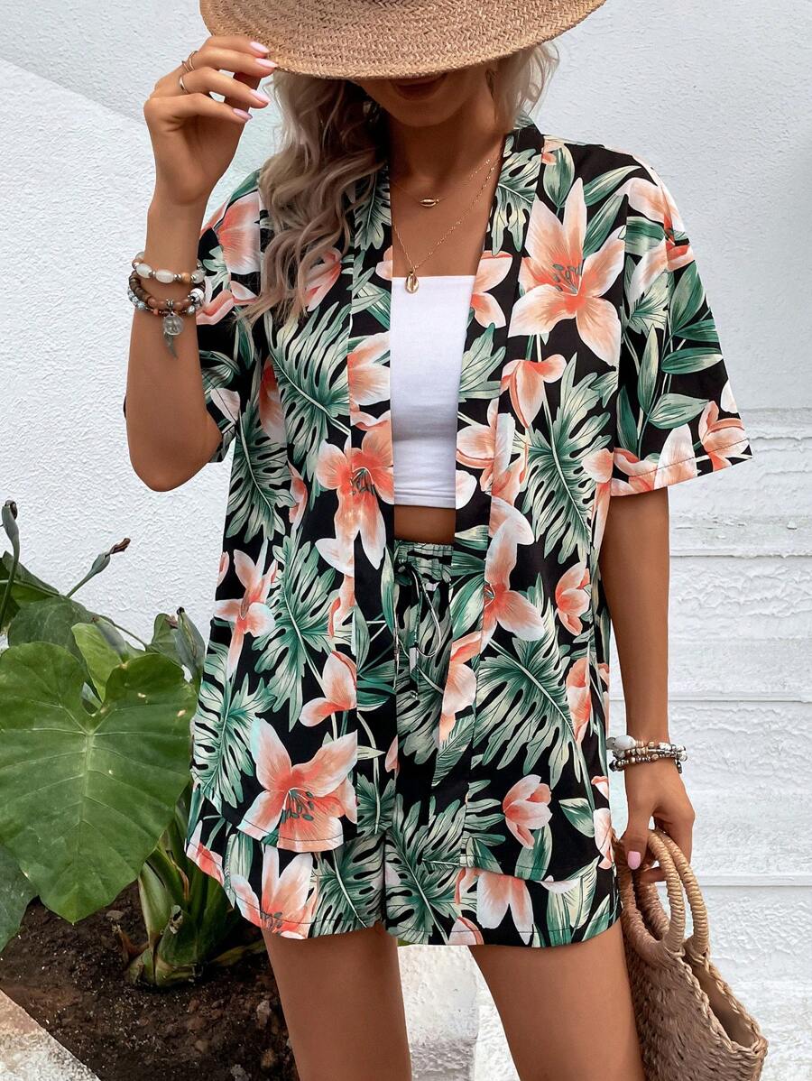 SHEIN VCAY Tropical Print Drop Shoulder Kimono & Shorts Without Tube Top - Multicolor - View 1