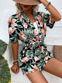 SHEIN VCAY Tropical Print Drop Shoulder Kimono & Shorts Without Tube Top - Multicolor - View 6