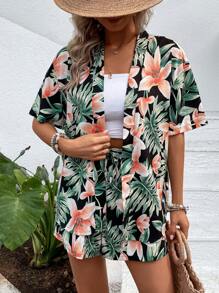 SHEIN VCAY Tropical Print Drop Shoulder Kimono & Shorts Without Tube Top - Multicolor - View 5