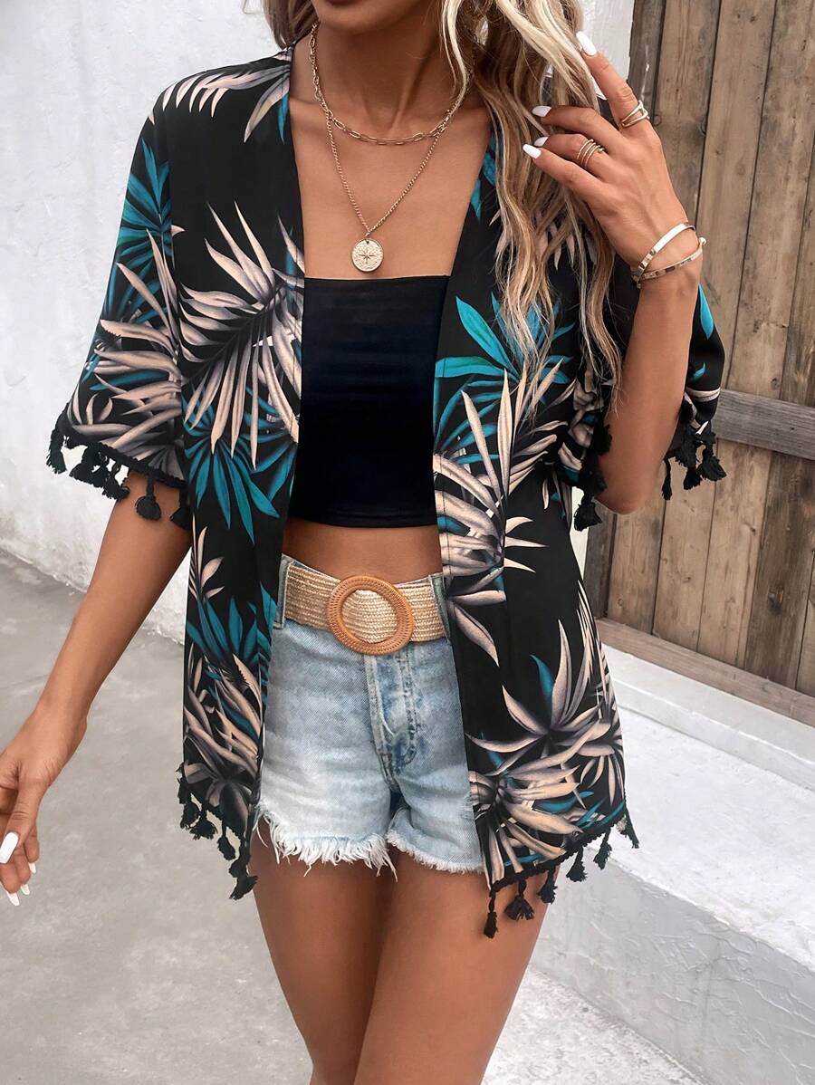Swim Vcay Tropical Print Tassel Trim Kimono Summer