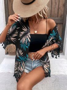 Swim Vcay Tropical Print Tassel Trim Kimono Summer