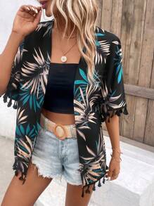 Swim Vcay Tropical Print Tassel Trim Kimono Summer
