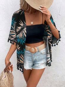 Swim Vcay Tropical Print Tassel Trim Kimono Summer