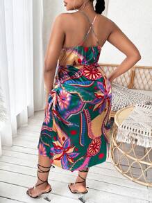 Slaydiva Plus Floral Print Backless Halter Neck Cami Dress - Multicolor - View 2
