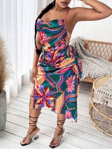 Slaydiva Plus Floral Print Backless Halter Neck Cami Dress - Multicolor - View 4