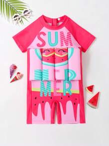 少女卡通圖形拉鍊後背浮力一件式泳衣 - 粉色 - 查看 1