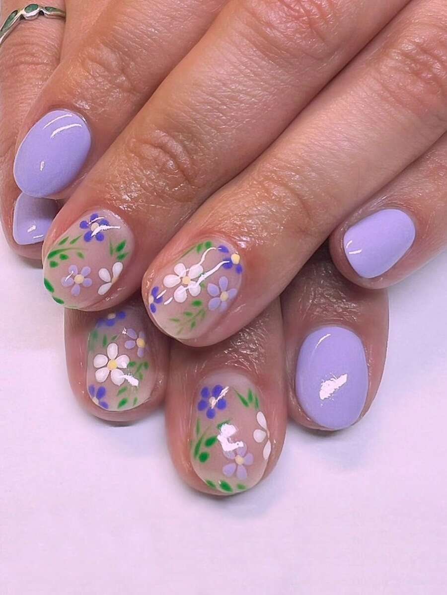 用24入組短方形花卉和葉子圖案假指甲和1張膠帶和1入組指甲銼升級您造型 - 彩色 - 查看 1