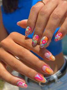 24pcs Long Almond-Shaped Colorful Line Drawing Flower Doodles Nail Art Set Including 1 File And 1 Jelly Gum Suitable For Women Press On Nails Nail Supplies - Multicolor - View 1