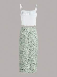 SHEIN Girlism 青少年女孩胸部褶皺吊帶上衣和小碎花高衩半身裙