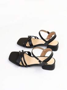 Wide Fit Elegant Ankle Strap Sandals For Women, Cross Strap Chunky Heeled Sandals - Black - View 5
