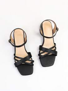 Wide Fit Elegant Ankle Strap Sandals For Women, Cross Strap Chunky Heeled Sandals - Black - View 6