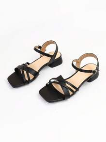 Wide Fit Elegant Ankle Strap Sandals For Women, Cross Strap Chunky Heeled Sandals - Black - View 7