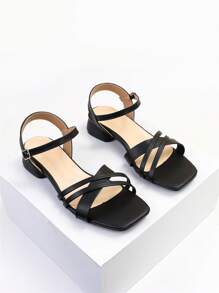 Wide Fit Elegant Ankle Strap Sandals For Women, Cross Strap Chunky Heeled Sandals - Black - View 8