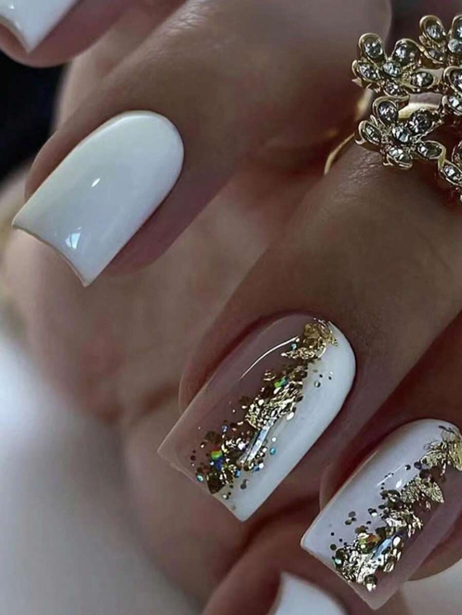 採用24入組中等大小方形金箔彩色閃爍假指甲、1張膠帶及1支指甲鉋，提升您的風格，創造時尚指尖，為指甲提供必要的用品 - 彩色 - 查看 1