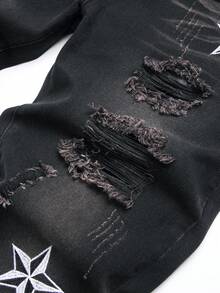 Hombres Jeans desgarro con bordado de estrella - Negro - Ver 4